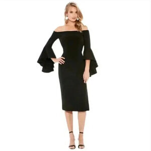 Milly Selena Black Off The Shoulder Ruffle Flare Bell Sleeve Midi Dress Size 2